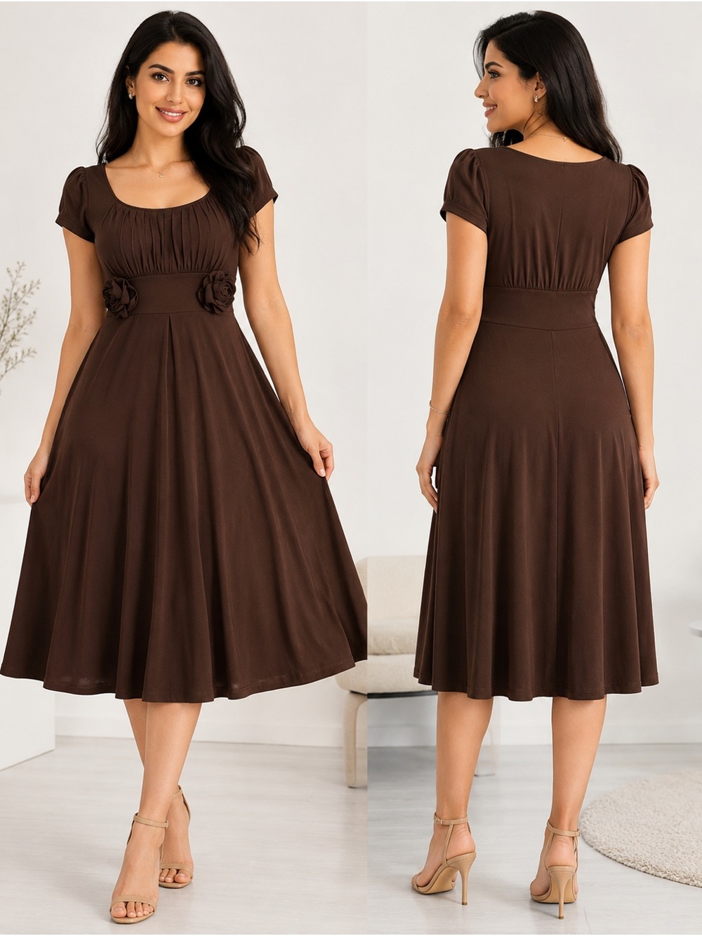 dressbarn Chocolate Brown Fit-and-Flare Midi Dress with Floral Waist